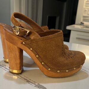 Tory Burch Brayden Slingback Clogs Almond Brown Suede with Gold Accents size 8M